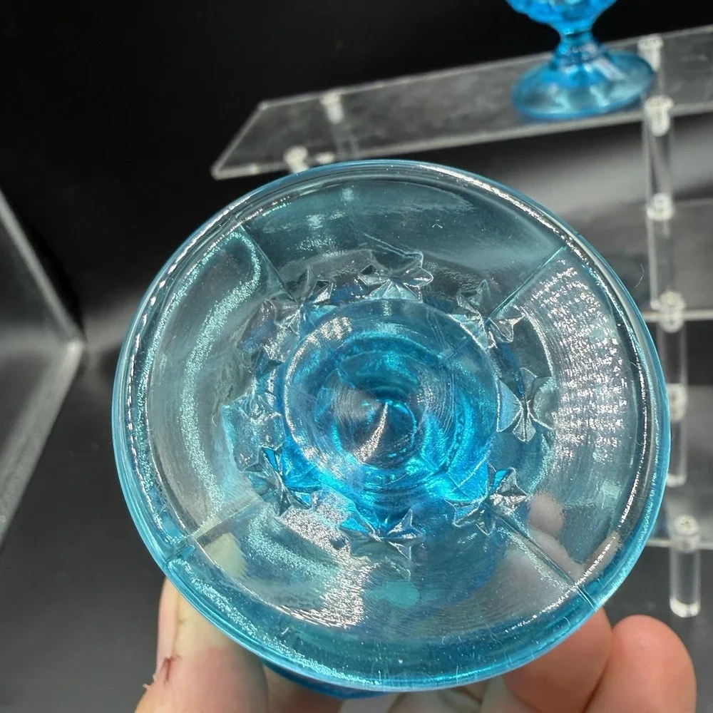 Vintage LE Smith Moon & Stars Peacock Blue Cordial Set of 2 Pedestal Goblet UV +